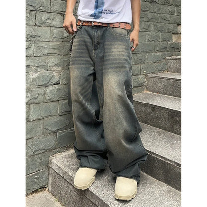 Men's Hip Hop Loose Jeans Y2K Retro Casual Wide Leg Jeans Flared Pants