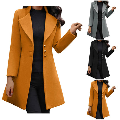 Womens Lapel Trench Coat Winter Wool Blend Mid Long Outwear Fleece Jacket Solid Color Elegant