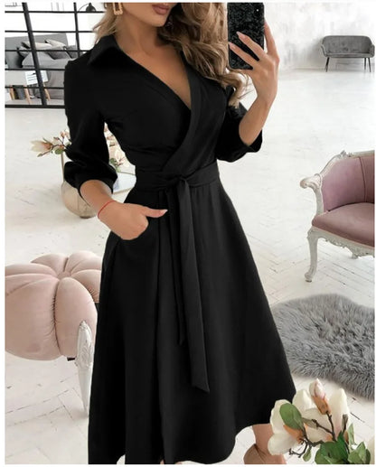 A-Line Wrap Summer Dress Long Sleeve V-Neck Dress Pocket Elegant Midi Party Dress