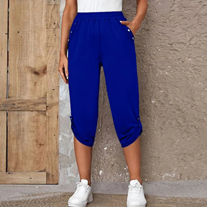 Women Elastic Waist Casual Trousers Bottom Elegant Office Lady Loose Cropped Pants