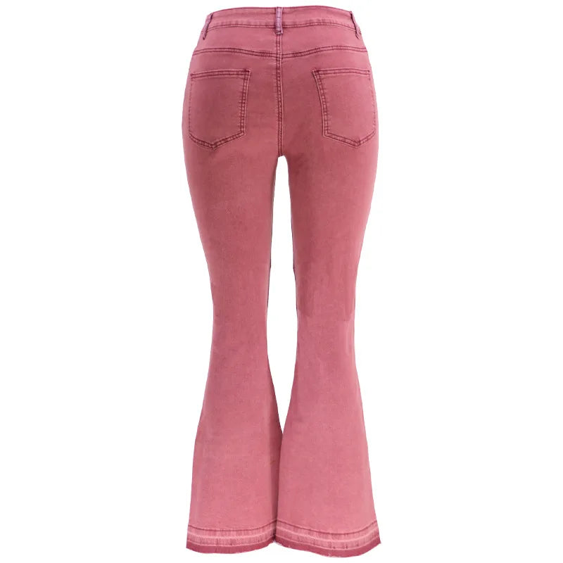 Women Flare Jeans Casual Pants Pannelled Collision High Waist Fit Female High Quality