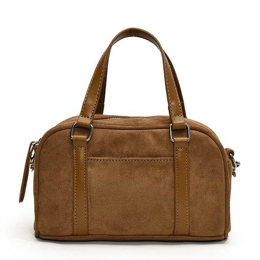 Women Suede Shoulder Bag Adjustable Strap Boston Bag with Interior Pocket Top Handle Bag Zipper Handbag for Work Travel