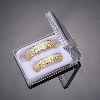 Baguette Teeth Grillz Set For Unisex Top Bottom Iced Out Cubic Zircon Stone Brass Material Hip Hop
