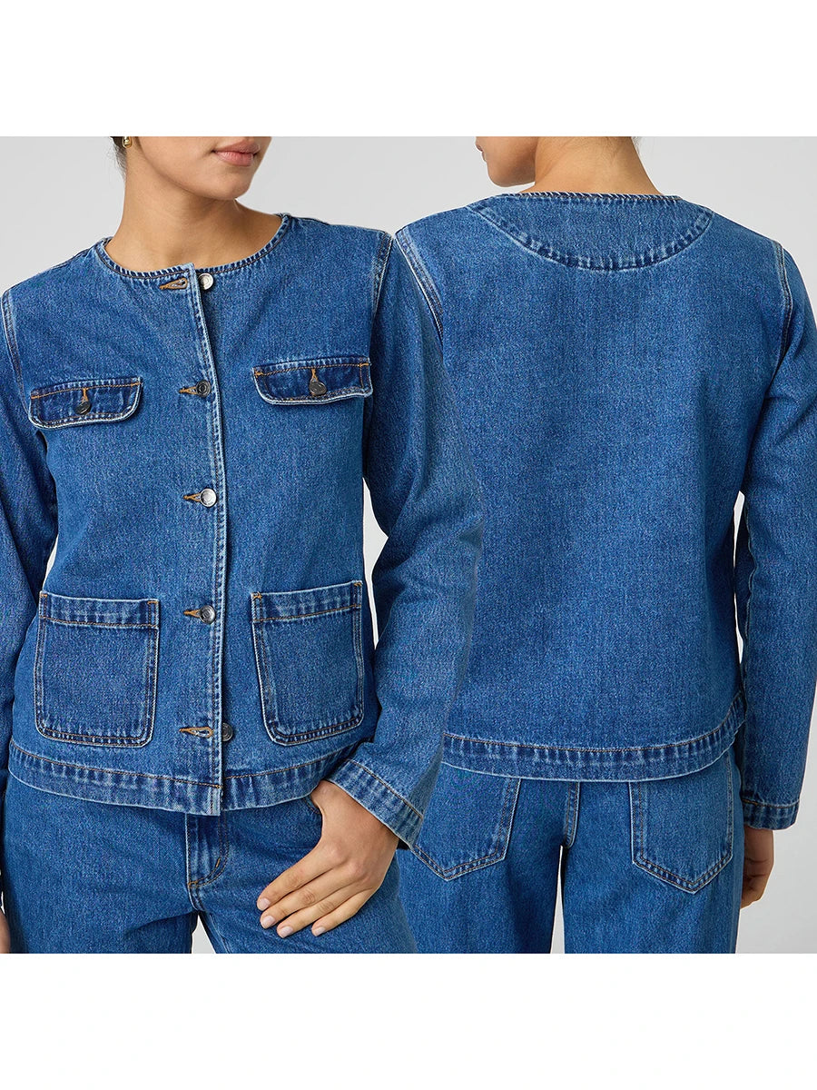Ladies Classic Blue Denim Jacket with Round Neckline Long Sleeves and  Fit Button Down