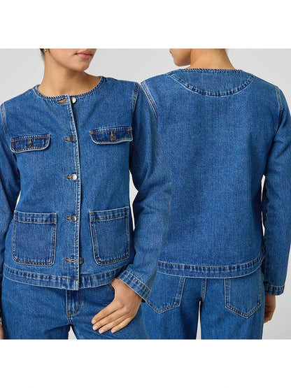 Ladies Classic Blue Denim Jacket with Round Neckline Long Sleeves and  Fit Button Down