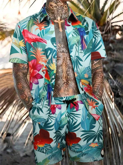 Men's Hawaiian Short-Sleeved Shirt Shorts Set Drawstring Shorts Jungle Print