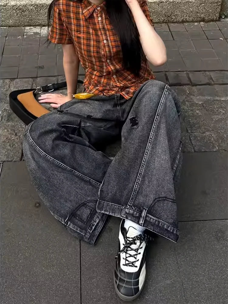 Women's Black Cargo Baggy Jeans Y2K American High Street 2000S Harajuku Aesthetic Vintage 90S Jeans Pants Trousers Clothing 2025