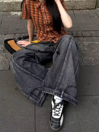 Women's Black Cargo Baggy Jeans Y2K American High Street 2000S Harajuku Aesthetic Vintage 90S Jeans Pants Trousers Clothing 2025