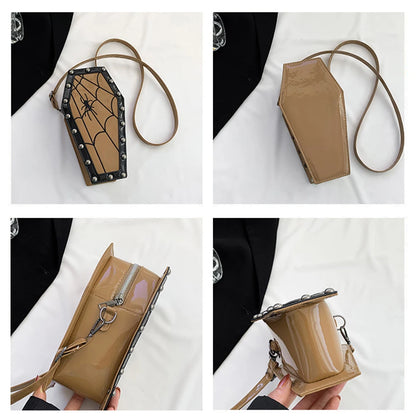 Women Coffin Satchel Purse Cartoon Gothic Coin Purse Strap Adjustable Casual Spider Coffin Bag