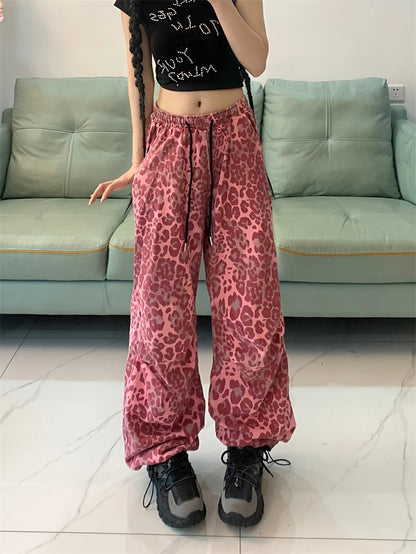 Women's Red Leopard Pants Jogger Harajuku Streetwear Sweatpants Loose Pants Y2k Retro 2000s Aesthetic Vintage Trousers Clothes