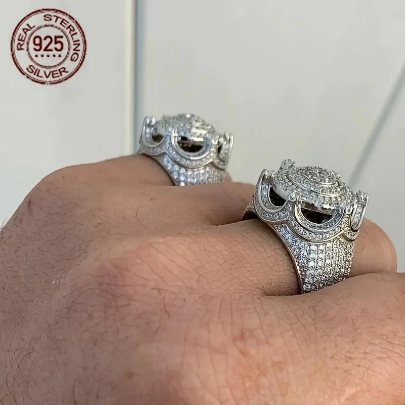Solid 925 Sterling Silver Men's Ring Iced King Crown Hip Hop Round Cluster Rings Rapper Punk Vintage Jewelry Gift