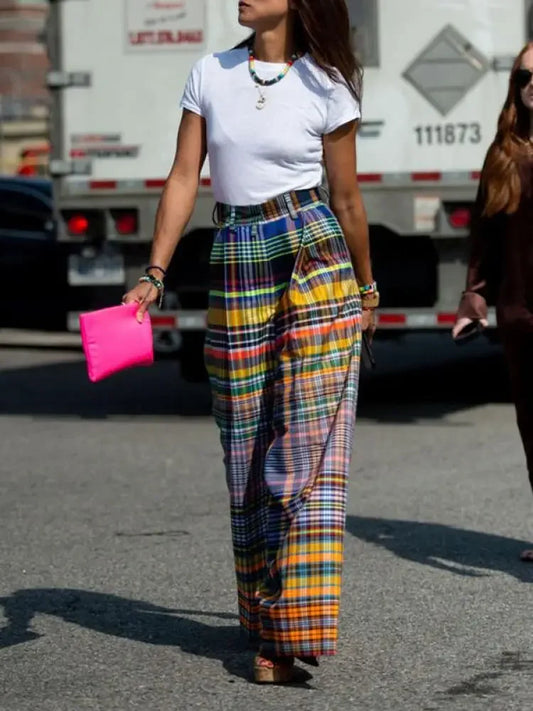 Oversized High Waist Wide Leg Pants Checkerboard Printed Casual High Street Trousers