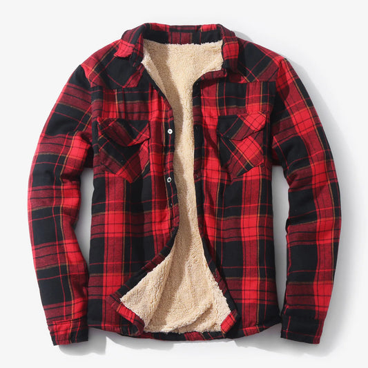 Men Plaid Shirts Coat Fleece Casual Turn-Down Collar Long Sleeve Loose Shirt