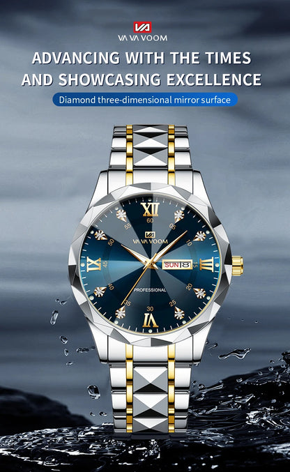 Men Watch Water Diamond Luxury Night Glow Double Calendar Quartz Movement 41mm Blue Gold Stainless Steel