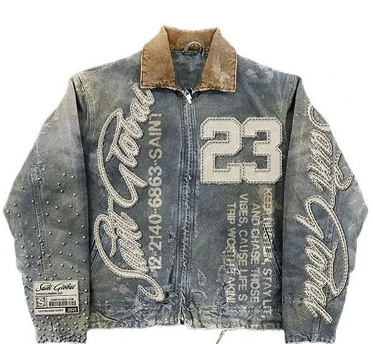 Washed Denim Jacket Y2K Clothes Mens Womens Letter Graphic Patch Embroidery Blue Oversized Jacket