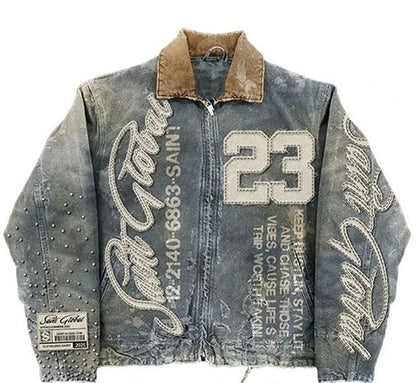 Washed Denim Jacket Y2K Clothes Mens Womens Letter Graphic Patch Embroidery Blue Oversized Jacket