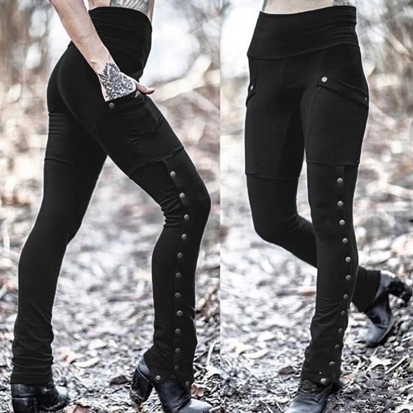 Black Pencil Pants For Women Medieval Gothic Steampunk Rivet Skinny Leggings Trousers Sexy Fashion High Waisted Denim Pants