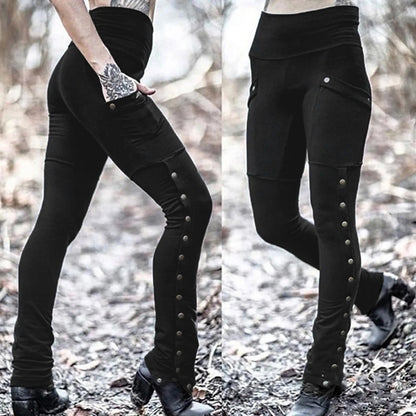 Black Pencil Pants For Women Medieval Gothic Steampunk Rivet Skinny Leggings Trousers Sexy Fashion High Waisted Denim Pants