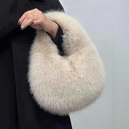 Soft Plush Half Moon Bags for Women Designer Fluffy Faux Fur Lady Handbags Luxury Small Tote
