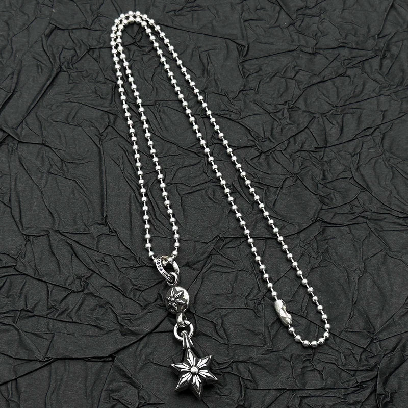 S925 Sterling Silver Retro Old Ring Single Ball Hexagram Pendant Necklace Men's and Women's European and American Niche