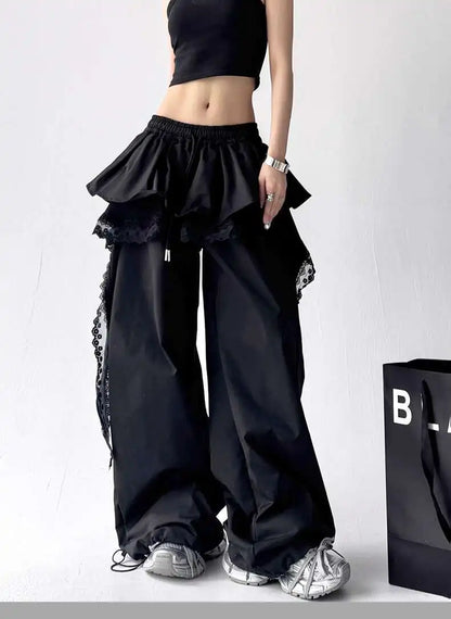 Y2K Black Cargo Pants Women Lace Patchwork White Wide Leg Pants