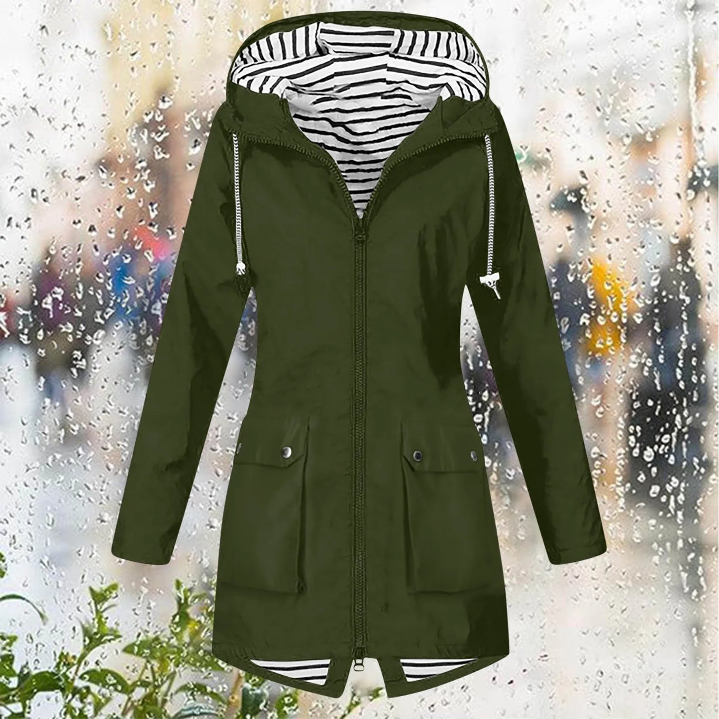 Hooded Lightweight Long Sleeve Windbreaker Zip Up Drawstring Windproof Raincoat Plus Size Long Coat Outdoor