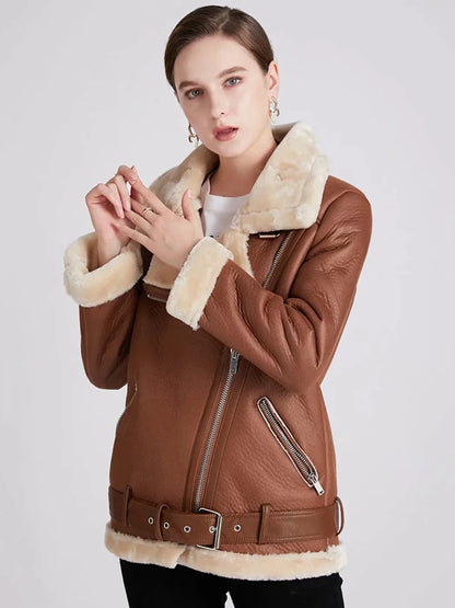 Thick and warm faux leather jacket Coat women's beige long-sleeved belt jacket women 2025 winter fashion new streetwear Tops