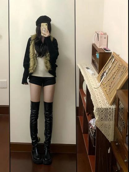 Black Furry Loose Cardigan Fashion Cardigan Millennial Harajuku Style Y2k Hot Girl Cardigan