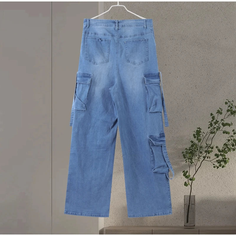 High Waist Cargo Denim Jeans With Full Rhinestones Sparkling Casual Baggy Pants Streetwear Chic Daily Trousers
