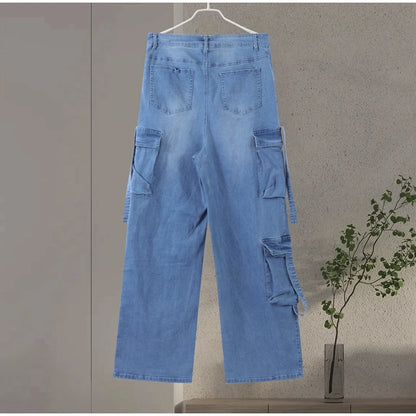 High Waist Cargo Denim Jeans With Full Rhinestones Sparkling Casual Baggy Pants Streetwear Chic Daily Trousers