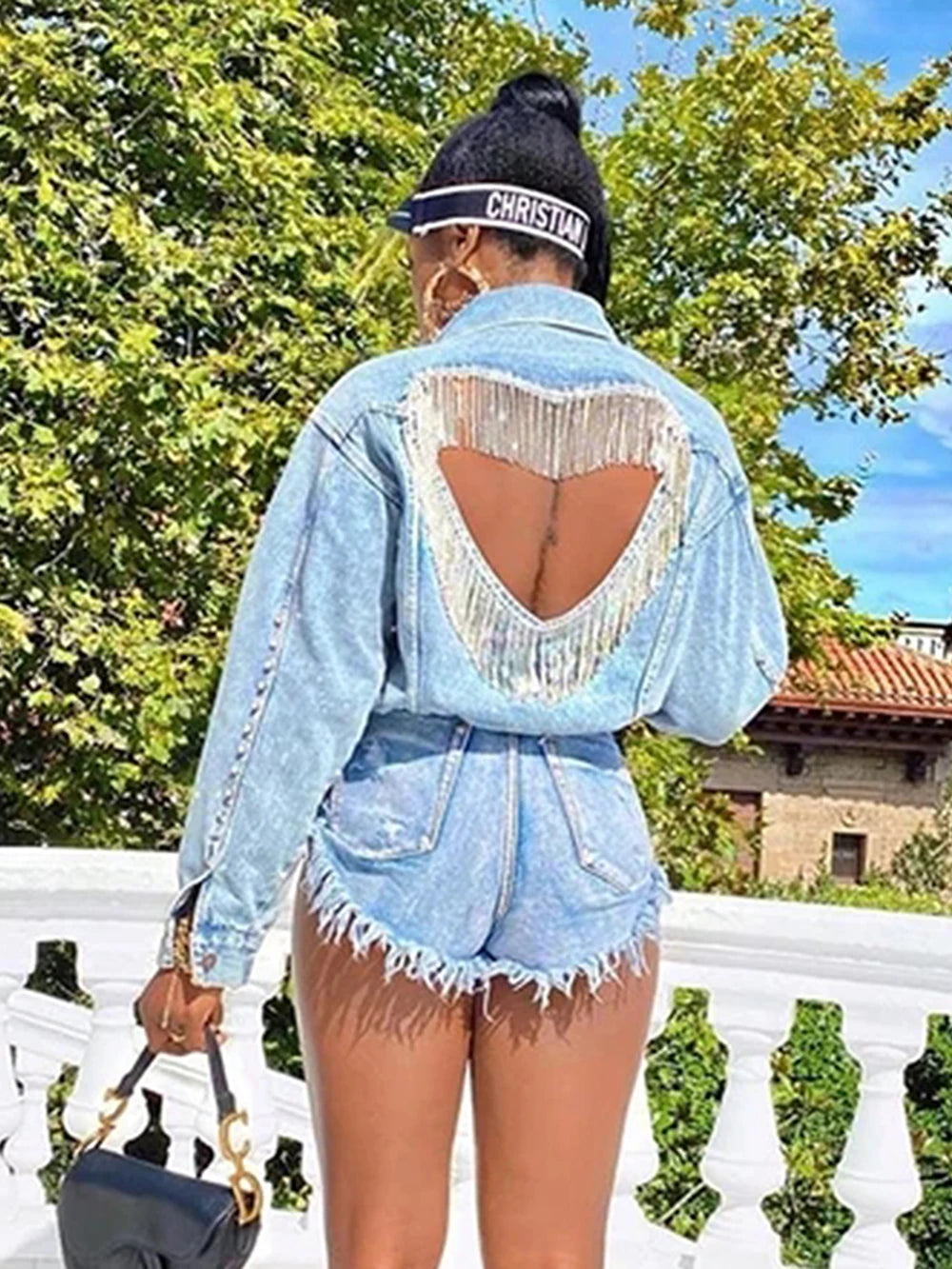 Denim Jacket Female Light Blue Diamond Tassel Coat Single-Breasted Open Back Women Jeans Coat