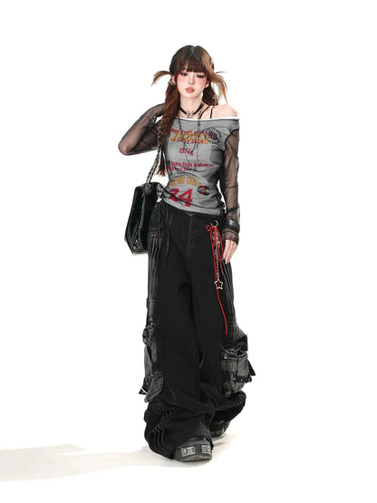 Women's Black Gothic Jeans Cargo Baggy Y2K Harajuku Fashion Streetwear 2000s Style Aesthetic Casual Retro Denim Pants Clothing