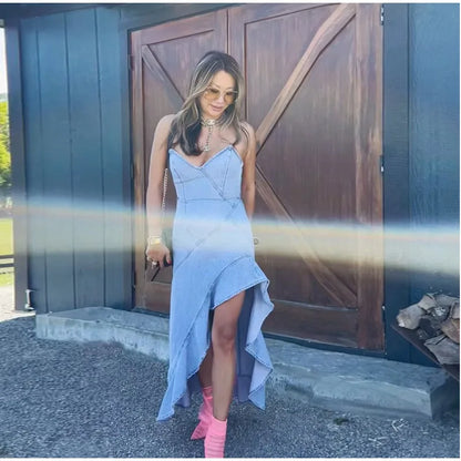 Strap Denim Women's Dress Vintage Asymmetric Hem Cinching irregular Dress Female Summer New  Lady High Street Outwear Distressed