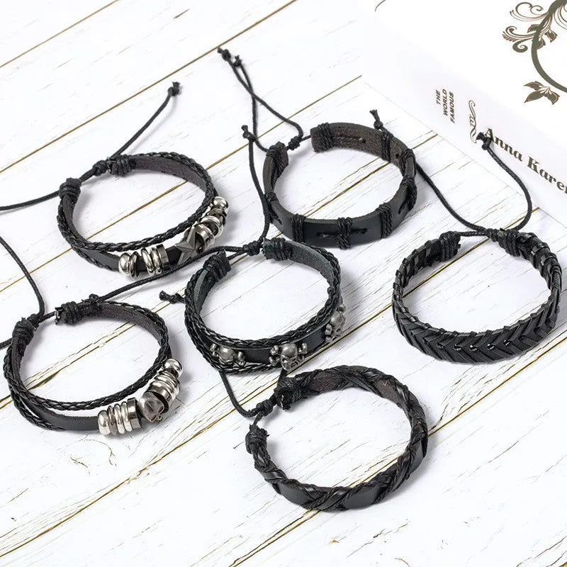 Punk Multilayer Antique Leather Bracelet Set Skull Eye Star Charms Hiphop Rock Y2K Vintage Pu Gothic Wristband Man Goth Jewelry