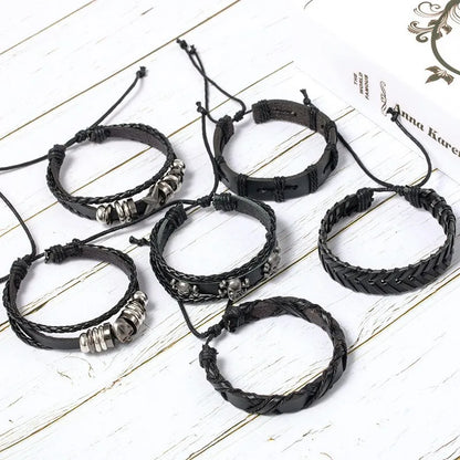 Punk Multilayer Antique Leather Bracelet Set Skull Eye Star Charms Hiphop Rock Y2K Vintage Pu Gothic Wristband Man Goth Jewelry