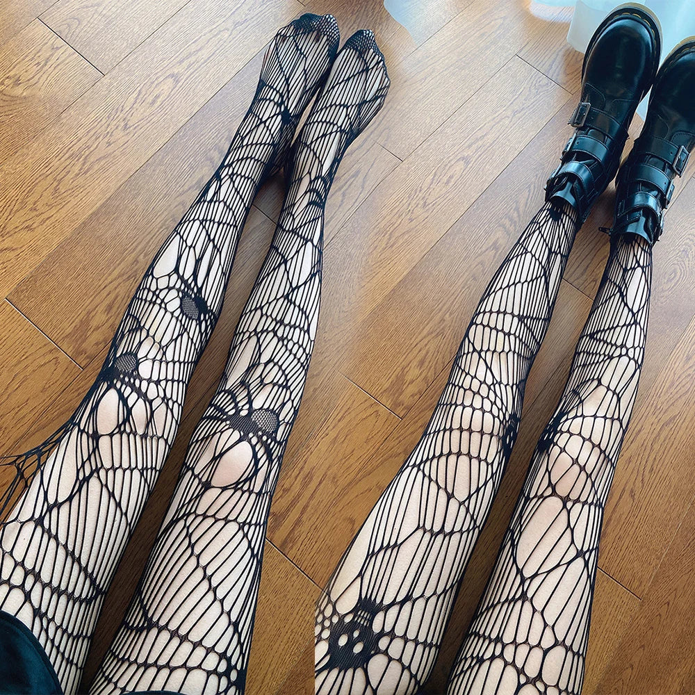 Goth Fishnet Pantyhose Spider Web Patterned Hollow Out Mesh Tights