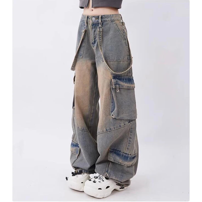 Women Blue Oversize Cargo Jeans Harajuku Vintage Baggy Y2k Denim Trouser 90s Aesthetic Wide Jean Pants 2000s Trashy Clothes 2024