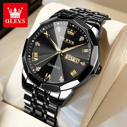 Gold Original Quartz Wristwatch Waterproof Luminous Watch for Male Rhombus Mirror Date Week