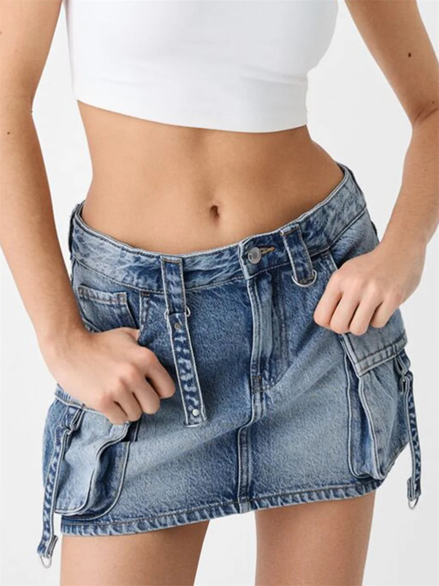 Women s High Waisted Denim Cargo Skirts with Side Pockets and Belt Loops Stylish A-line Mini Skirts for Casual Streetwear