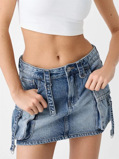 Women s High Waisted Denim Cargo Skirts with Side Pockets and Belt Loops Stylish A-line Mini Skirts for Casual Streetwear