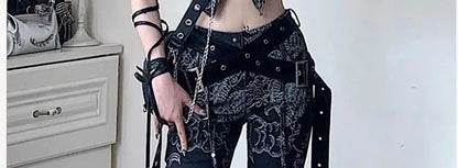 American Subculture Printed Dragon Pattern Raw Edge Slightly Flared Jeans Women's Low-waisted Slim Fit Flared Pants