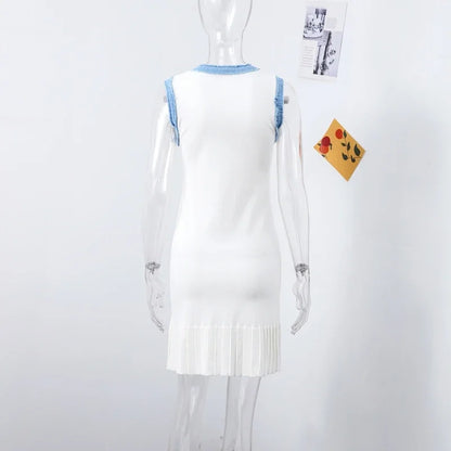 Denim Patchwork Skirts Round Collar Sleeveless Slim Dress Single-breasted Splicing