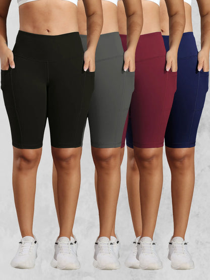 Solid Yoga Shorts with 3 Pockets High Waist Butt Lifting Elastic Cycling Shorts Activewear