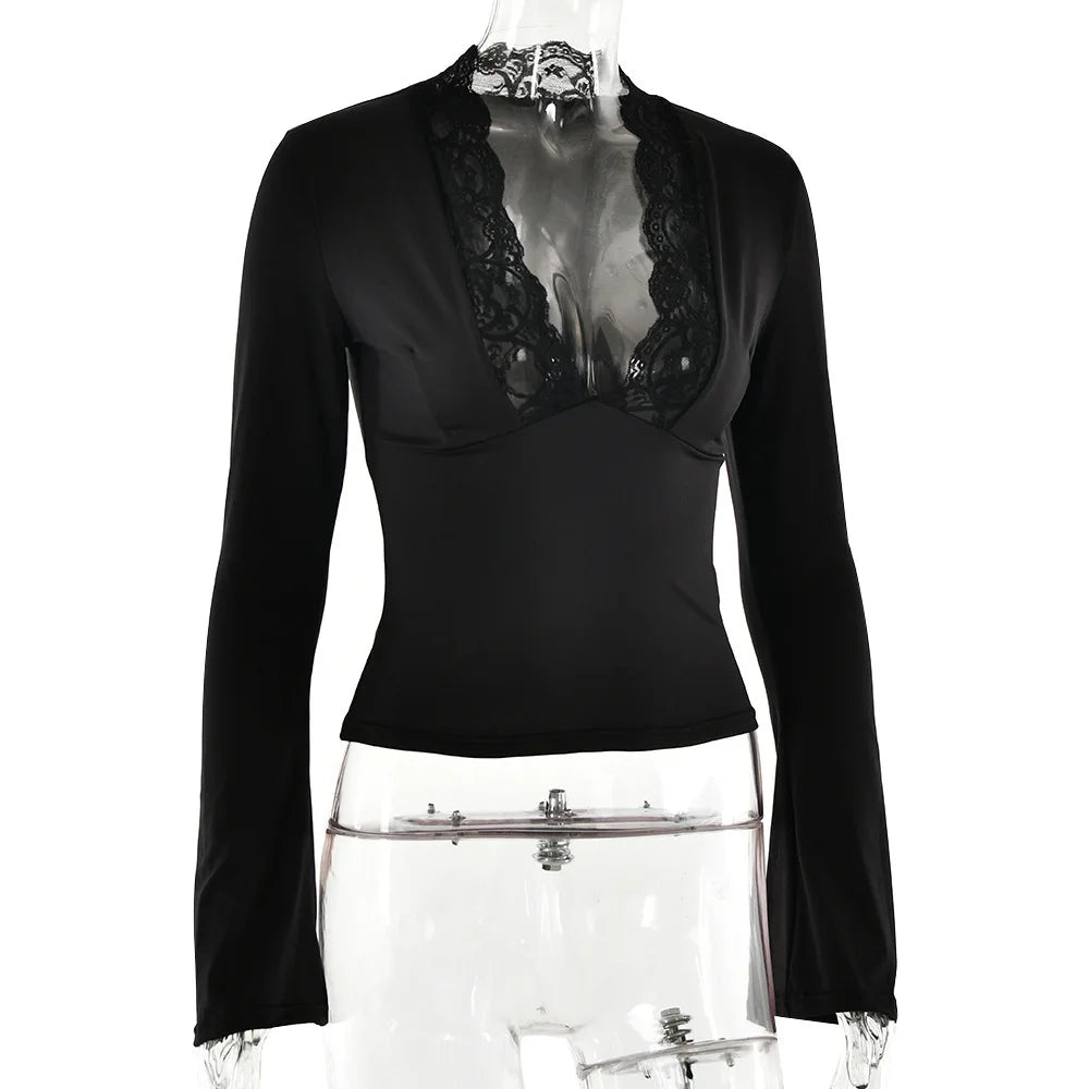 Lace Patchwork Tee Women Flare Sleeve Slim V-neck Tank Top Lady Streetwear Crop Top Shirt