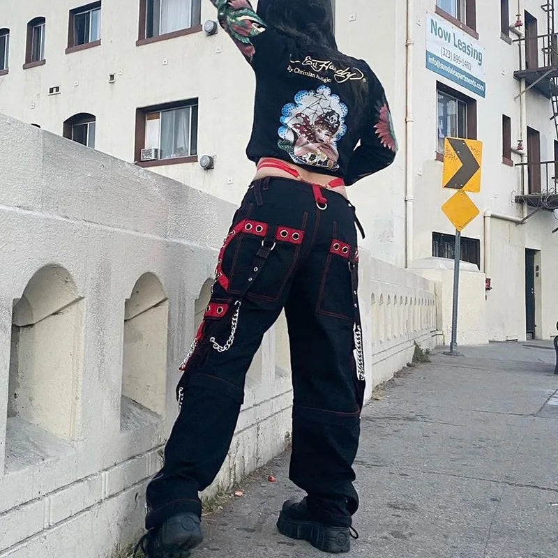 Women Gothic Punk Pants Hip Hop Harajuku Baggy Y2k Cargo Pants Casual Streetwear 90s Wide Leg Retro Low Waist  Women Trousers
