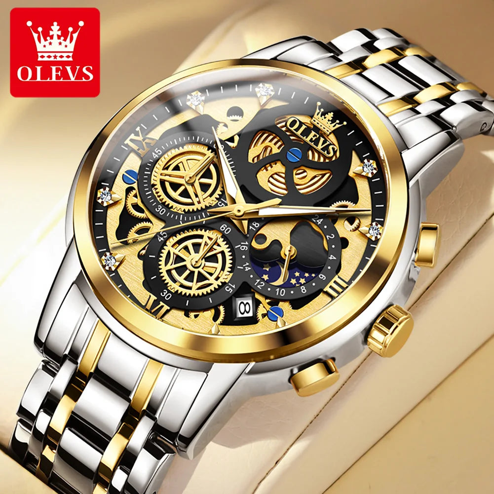 Top Brand Luxury Original Waterproof Quartz Watch for Man Gold Skeleton Style 24 Hour Day Night New