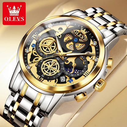 Top Brand Luxury Original Waterproof Quartz Watch for Man Gold Skeleton Style 24 Hour Day Night New