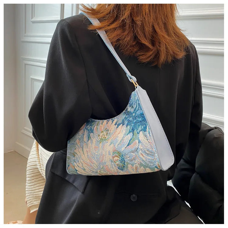 Women's Underarm Bags Autumn 2023 Trendy New Oil Painting Shoulder Bag Cute Simple Handbags and Purses Female Travel Small Totes