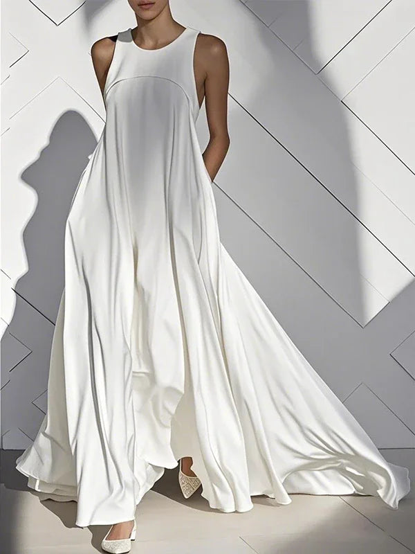 White Long Dress Summer Sleeveless Solid Color Round-Neck Pleated Elegant Evening Maxi Dress
