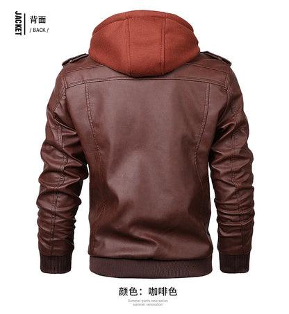 Motorcycle Leather Jacket Hat Detachable Men Hooded Slim Casual Coats